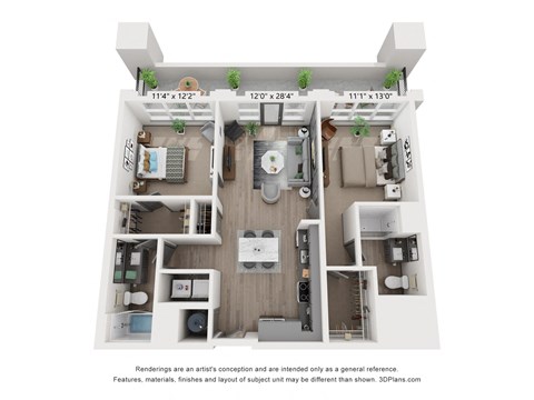 Floor plan for 2 beds, 2 baths, 1053 sqft